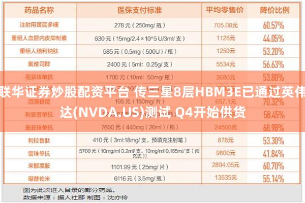 联华证券炒股配资平台 传三星8层HBM3E已通过英伟达(NVDA.US)测试 Q4开始供货